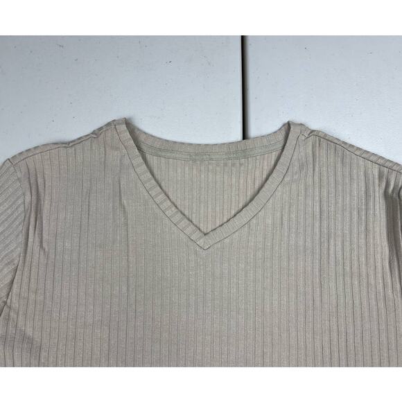 Men's Large Beige Muscle T Shirts Stretch Short Sleeve V Neck Ribbed Slim Fit - Picture 6 of 7